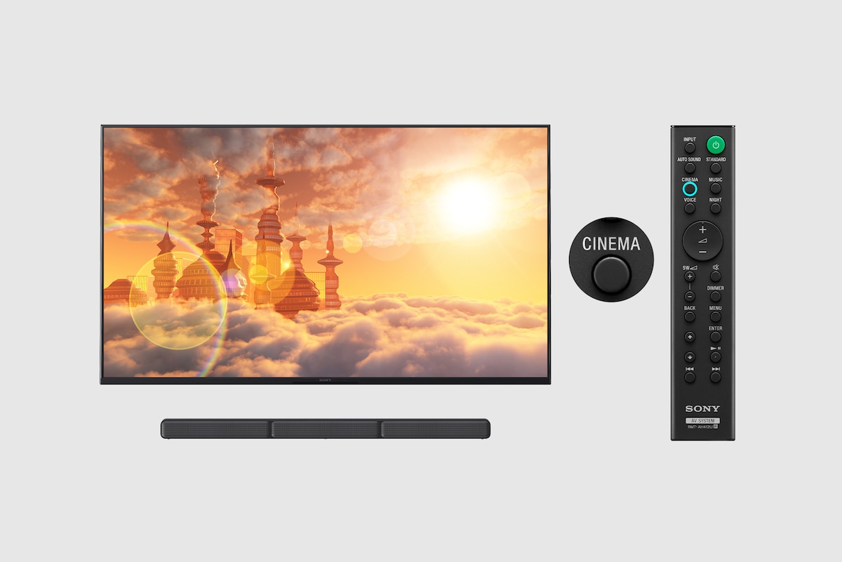 TV, barra de sonido y control remoto con Modo Cinema